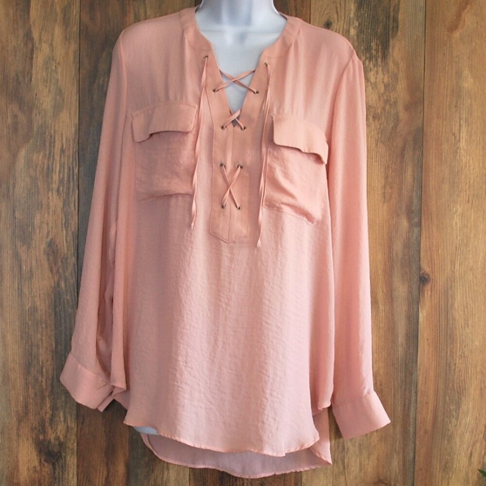 a.n.a Women's Dusty Rose Chiffon Lace Up Blouse L